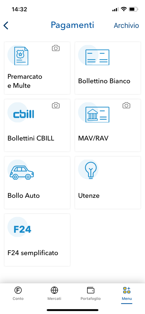 area pagamenti dell'app della banca 