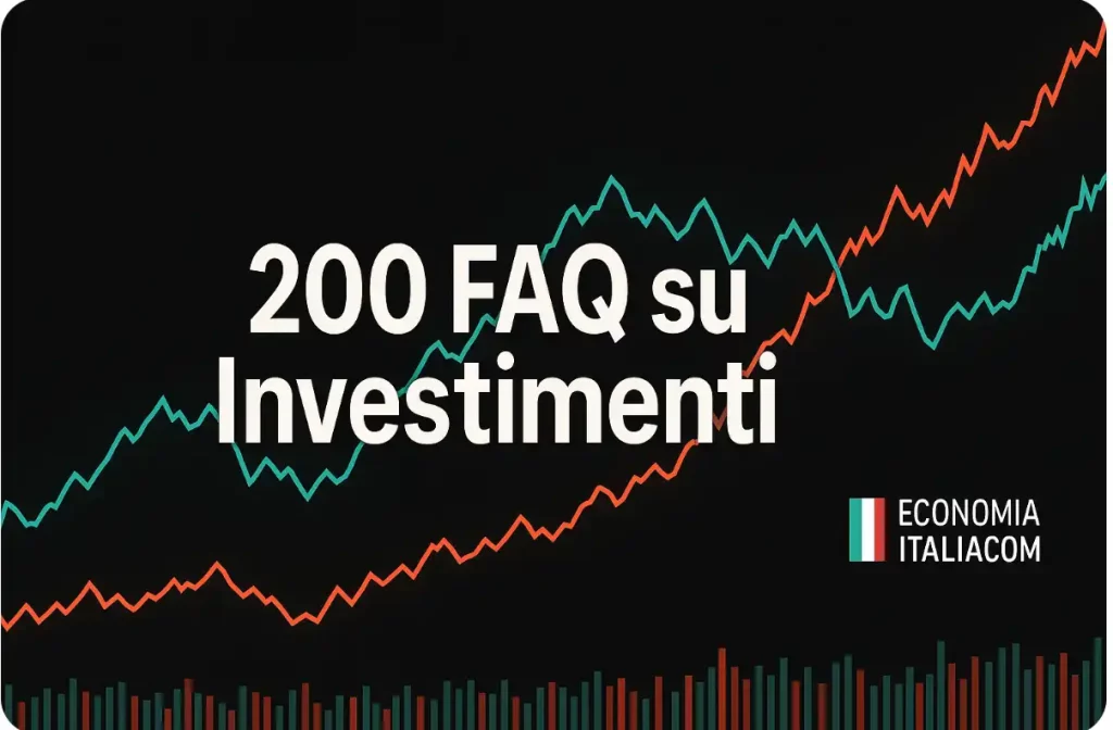 crea immagine dimensioni 19:6 1200 pixel, sfondo nero, con dei grafici di borsa in salita di diversi colori ma chiari, e con scritta grande, bianca, centrale: "200 FAQ su Trading-Online" , poi più piccolo a destra il Nostro brand "Economia Italiacom"