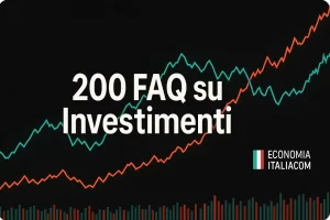 crea immagine dimensioni 19:6 1200 pixel, sfondo nero, con dei grafici di borsa in salita di diversi colori ma chiari, e con scritta grande, bianca, centrale: "200 FAQ su Trading-Online" , poi più piccolo a destra il Nostro brand "Economia Italiacom"