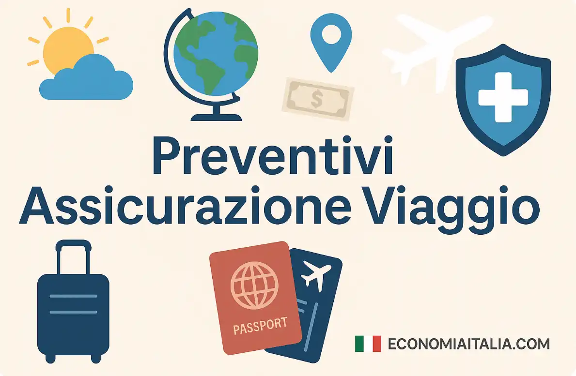Valigia, passaporto e monete: simbolo di preventivi assicurazione viaggio e risparmio